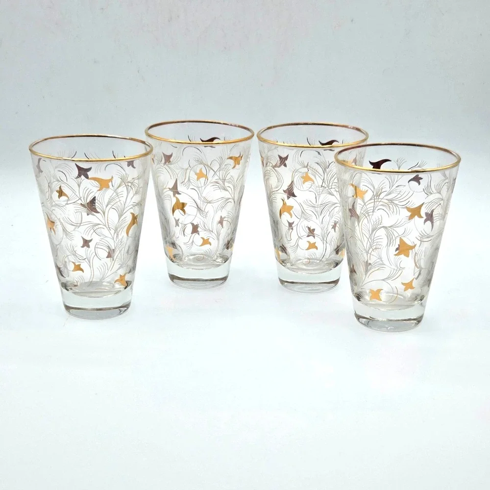 Libby Royal Fern Gold Leaf Glass Tumblers 1950's Set of 4 VINTAGE Barware
